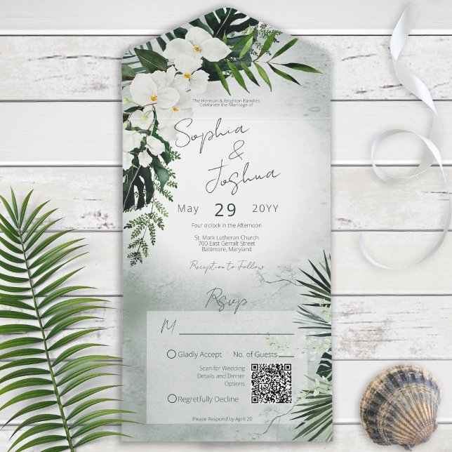 Invitation Tout En Un Boho Tropical Green Moderne Code QR Vert (Créateur téléchargé)