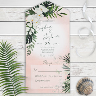 Invitation Tout En Un Boho Tropical Green Moderne Rose Blush Pas de dîne