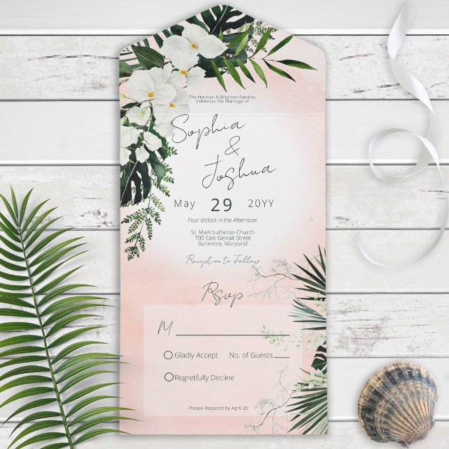 Invitation Tout En Un Boho Tropical Green Moderne Rose Blush Pas de dîne (Créateur téléchargé)