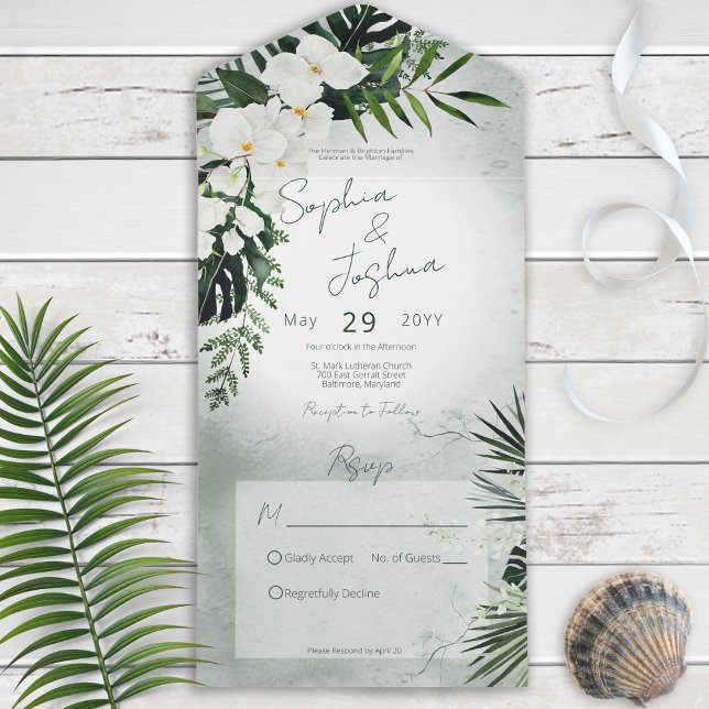 Invitation Tout En Un Boho Tropical Green moderne vert Pas de dîner (Créateur téléchargé)