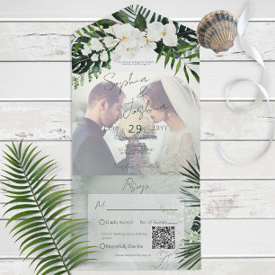 Invitation Tout En Un Boho Tropical Green Photo moderne QR Code