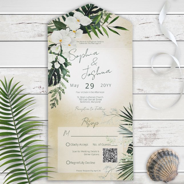 Invitation Tout En Un Boho Tropical Greenery Modern Sand QR Code (Créateur téléchargé)