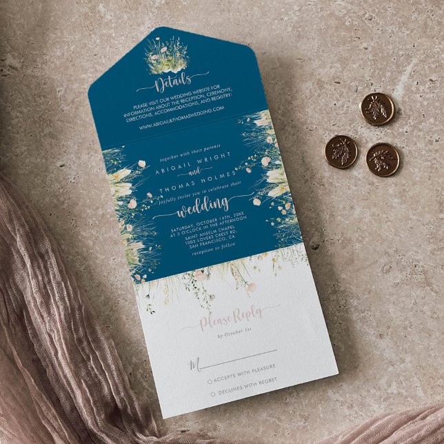 Invitation Tout En Un Boho vert Fleur sauvage Marine Mariage bleu (Créateur téléchargé)