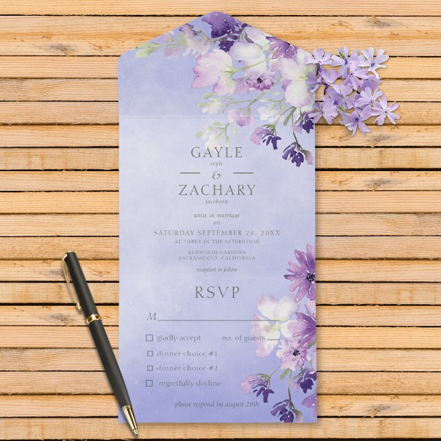 Invitation Tout En Un Boho violet Floral Purple Dîner (Also available with a QR code or without dinner selection options.)