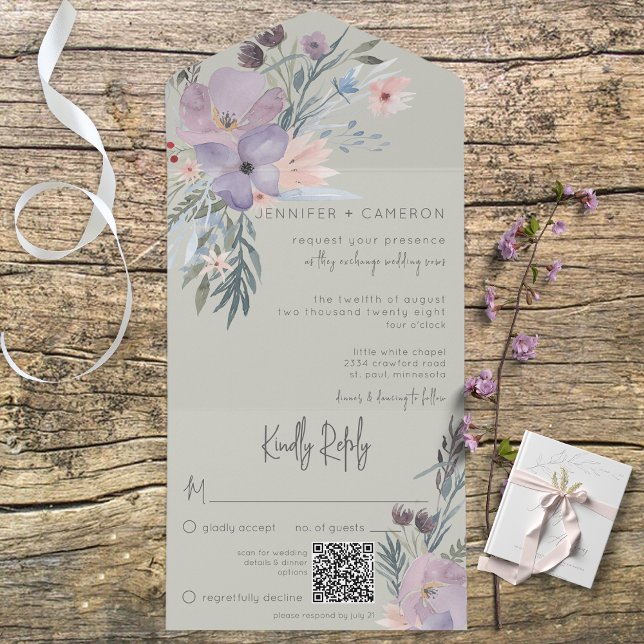 Invitation Tout En Un Boho violet rose et bleu arôme vert QR Code (Créateur téléchargé)