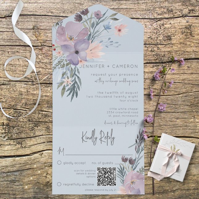 Invitation Tout En Un Boho violet rose et bleu Floral bleu QR Code (Also available without a QR code; with or without dinner selection options.)