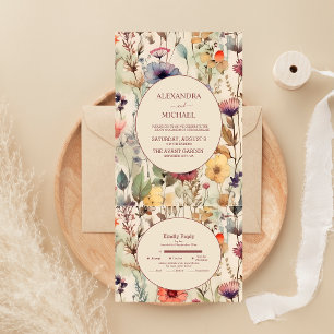 Invitation Tout En Un Boho Watercolor Muet Tones Fleurs sauvages Mariage