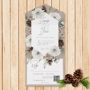 Invitation Tout En Un Boho Winter Blanc Floral & Pin Code QR Brown