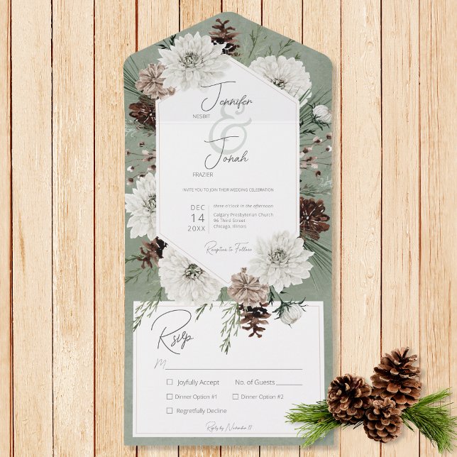 Invitation Tout En Un Boho Winter Blanc Floral & Pine Vert Dîner (Also available with a QR code or with dinner selection options.)