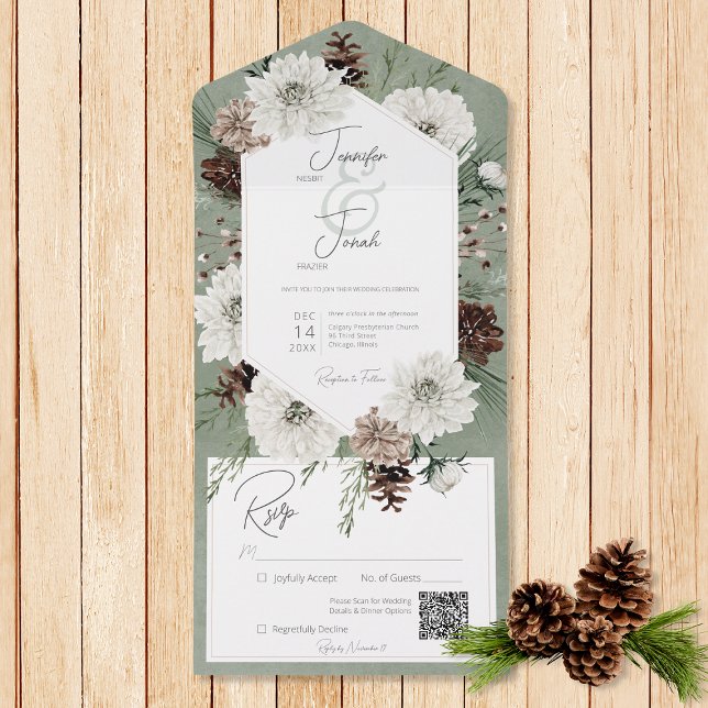 Invitation Tout En Un Boho Winter White Floral & Pine Green QR Code (Also available without a QR code; with or without dinner selection options.)