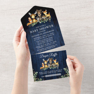 Invitation Tout En Un Bois Animaux Baby shower en bois bleu et caroube