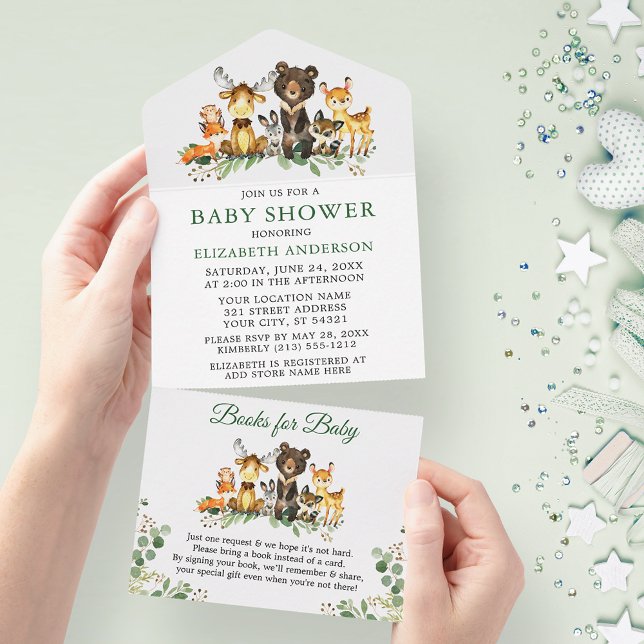 Invitation Tout En Un Bois Animaux Baby shower et livres pour bébé (All In One Baby Shower Invitation with Books for Baby tear off card.)