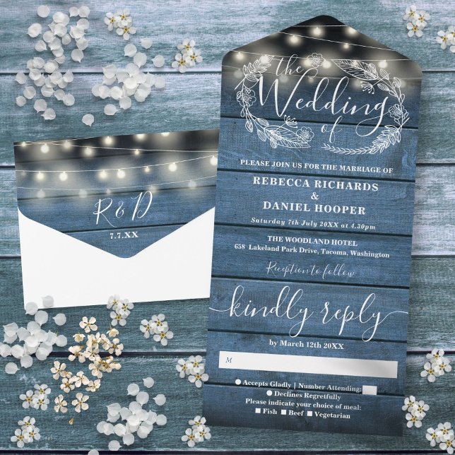 Invitation Tout En Un Bois Bleu Rustique Éclairage Mariage Floral Tout (Rustic Blue Wood String Lights Floral Wedding All All In One Invitation)