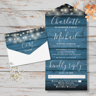 Invitation Tout En Un Bois bleu rustique voyants Monogramme Mariage