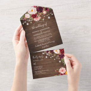 Invitation Tout En Un Bois Bourgogne Floral Lumières Rustique Mariage