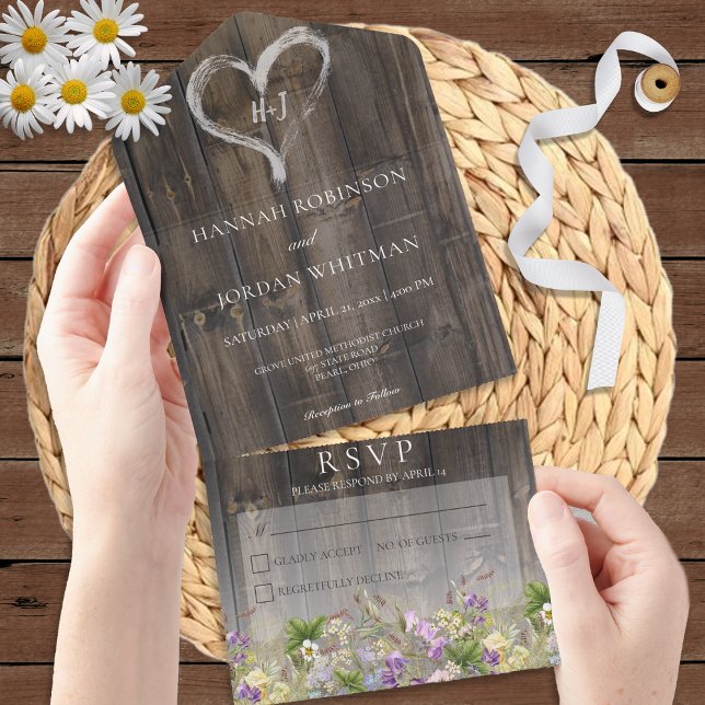 Invitation Tout En Un Bois de Barnwood rustique & Fleur sauvage Pas de d (Créateur téléchargé)