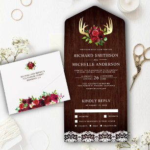 Invitation Tout En Un Bois rustique Bourgogne Floral Deer Antlers Mariag