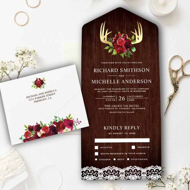 Invitation Tout En Un Bois rustique Bourgogne Floral Deer Antlers Mariag (Créateur téléchargé)