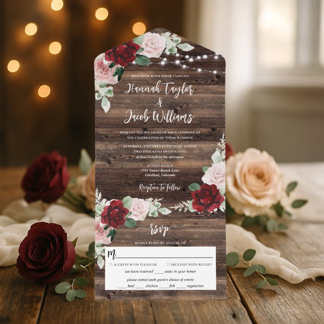 Invitation Tout En Un Bois rustique Bourgogne Floral Mariage (Créateur téléchargé)