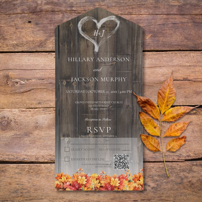 Invitation Tout En Un Bois rustique et feuilles d'automne Code QR (Rustic Barnwood & Fall Leaves QR Code All In One Invitation)
