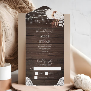 Invitation Tout En Un Bois rustique Été Boho Tropical Fleurs Script