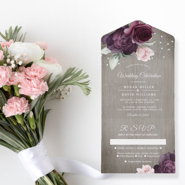 Invitation Tout En Un Bois rustique | Floral String Lights Mariage (Créateur téléchargé)
