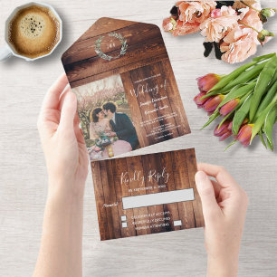 Invitation Tout En Un Bois rustique photo aquarelle feuille Mariage