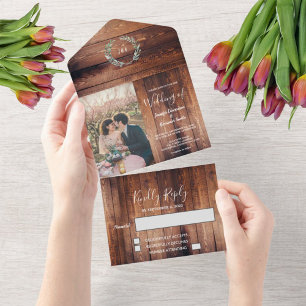Invitation Tout En Un Bois rustique photo aquarelle feuille Mariage