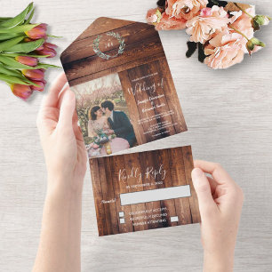 Invitation Tout En Un Bois rustique photo aquarelle feuille Mariage