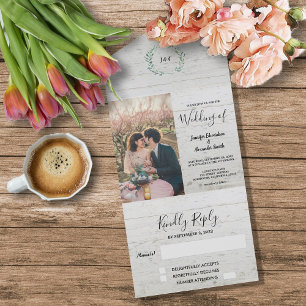 Invitation Tout En Un Bois rustique photo aquarelle feuille Mariage