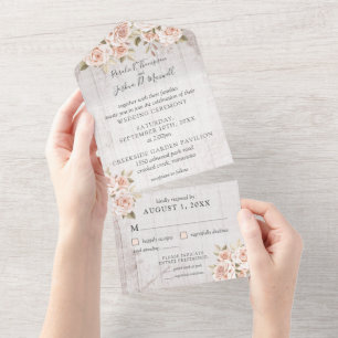 Invitation Tout En Un Bois rustique & Roses romantiques Shabby Chic Mari