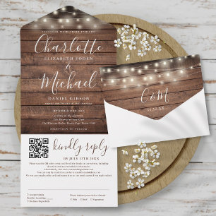 Invitation Tout En Un Bois rustique voyants Mariage de code QR