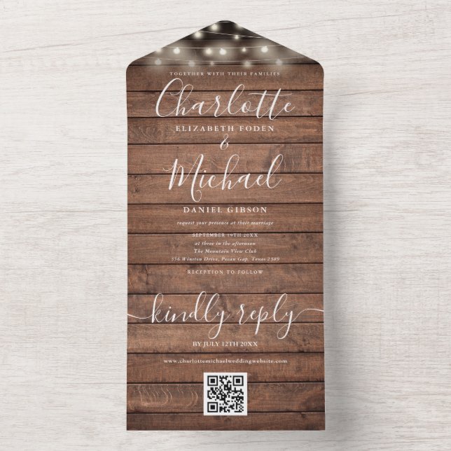 Invitation Tout En Un Bois rustique voyants Mariage de code QR (À l'intérieur)