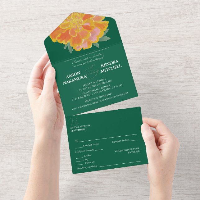 Invitation Tout En Un Bold Emerald Marigold Wedding (Déchirure)