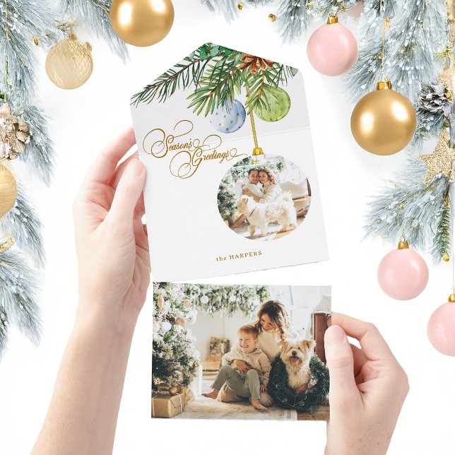 Invitation Tout En Un Bonnes Fêtes Pine Noël Ornement Photo (Créateur téléchargé)