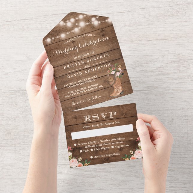 Invitation Tout En Un Boots rustiques Western Country String Mariage (Déchirure)