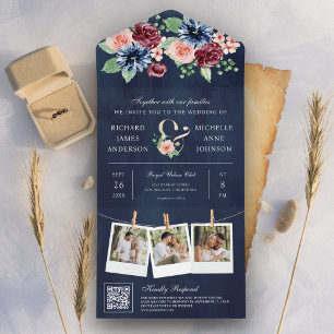 Invitation Tout En Un Bordeaux Floral Code QR Rose Saumon Mariage Bleu M