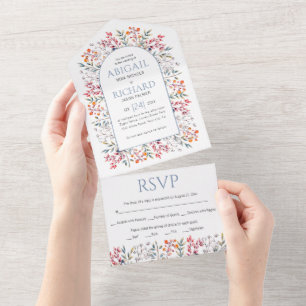 Invitation Tout En Un Bordure de feuilles et de baies mariage bleu pouss