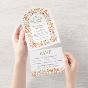 Invitation Tout En Un Bordure de feuilles et de baies mariage vert olive