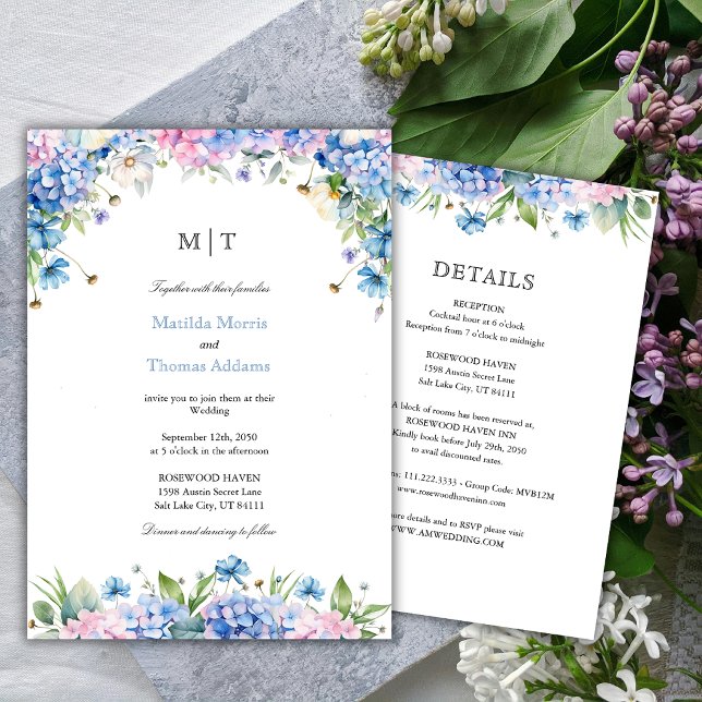 Invitation Tout en Un Bordure de Mariage Hydrangea Bleu Monog (Créateur téléchargé)