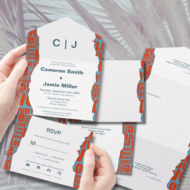 Invitation Tout En Un Bordure de typographie irrégulière du Mariage bleu (Red Blue Wedding Irregular Typography Border All In One Invitation)