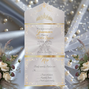 Invitation Tout En Un Bordure dorée vintage Quinceanera - Blanc perle