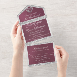 Invitation Tout En Un Bordure et coeur pourpre, ruban et Parties scintil