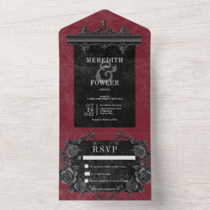 Invitation Tout En Un Bordure noire gothique 5 & Black Rose Vin Sans Dîn