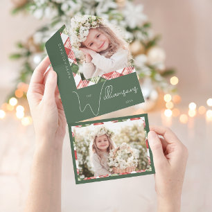 Invitation Tout En Un Bordure photo à carreaux de Noël vert/rouge chic