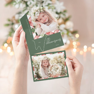 Invitation Tout En Un Bordure photo à carreaux de Noël vert/rouge chic
