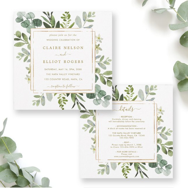 Invitation Tout en un Botanical Gold Carré Mariage (Front & Back)