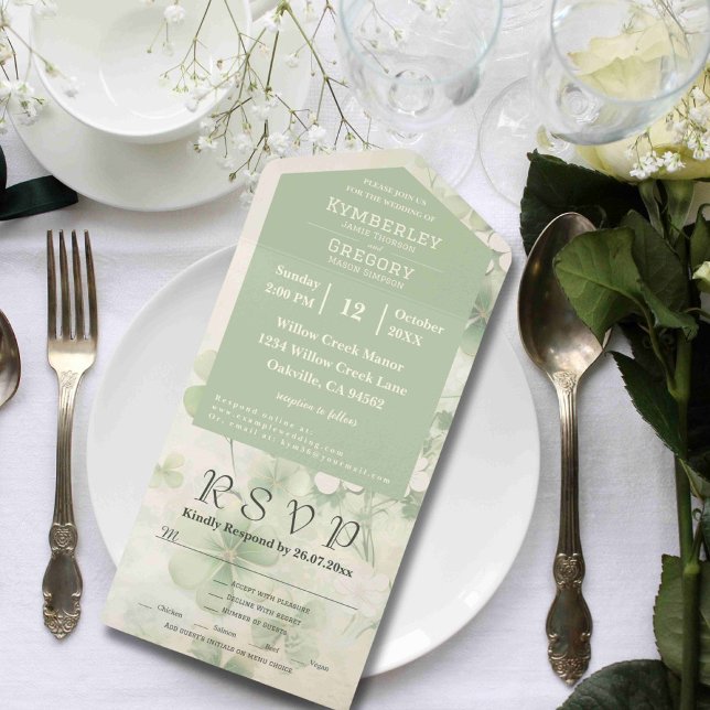 Invitation Tout En Un Botanique à quatre feuilles Clover Green Chartreus (Créateur téléchargé)