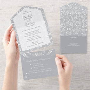 Invitation Tout En Un Botanique blanche sur Mariage gris