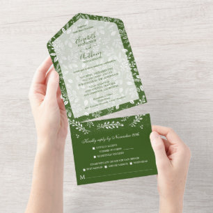 Invitation Tout En Un Botanique blanche sur Mariage vert